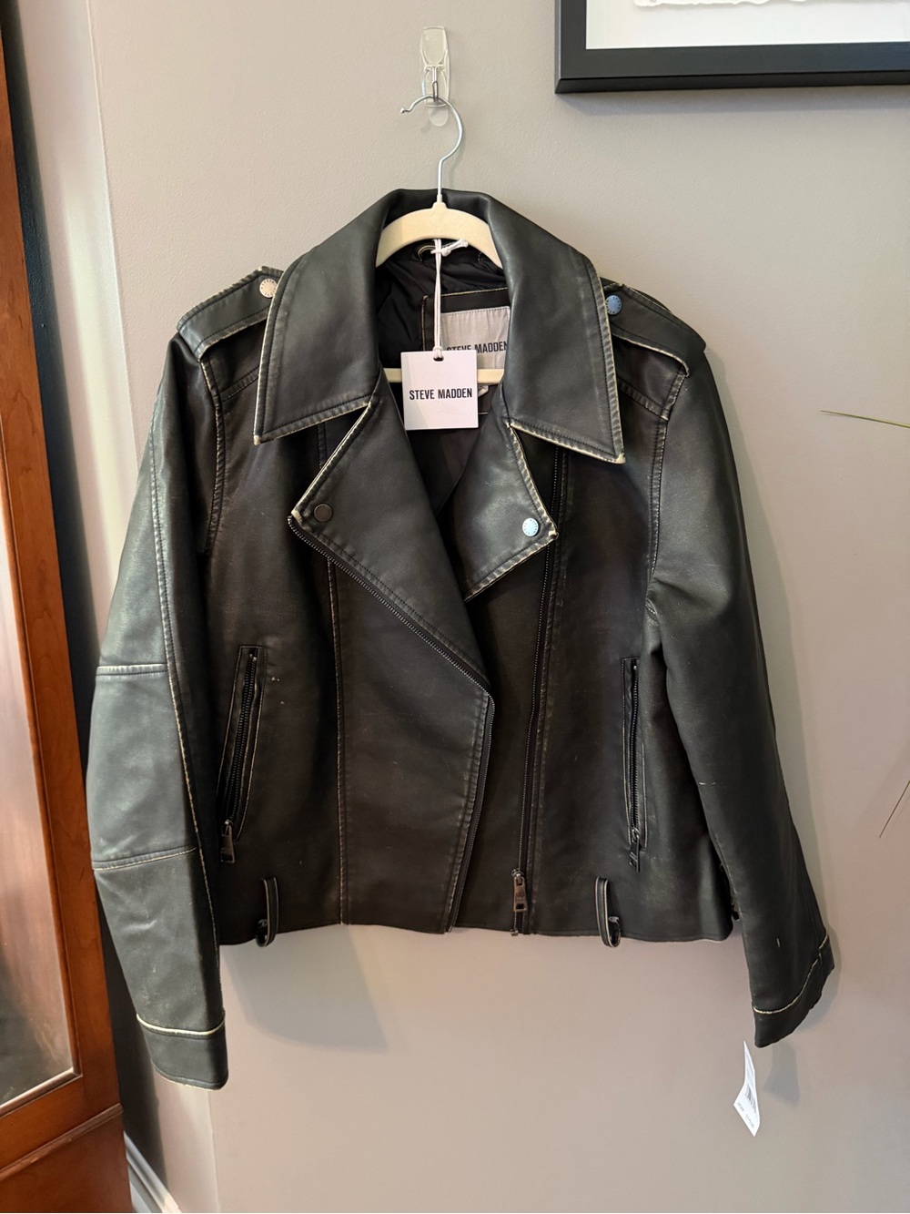 NWT. Steve Madden Black Distressed Faux Leather Biker Jacket. Large